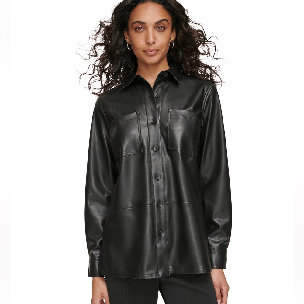 Faux Leather Button-Up Shirt - Black